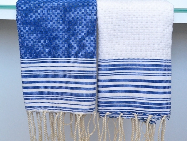 Lot 2 Petites serviette Fouta rayées Blanc/Bleu Grec - Nid d'Abeille