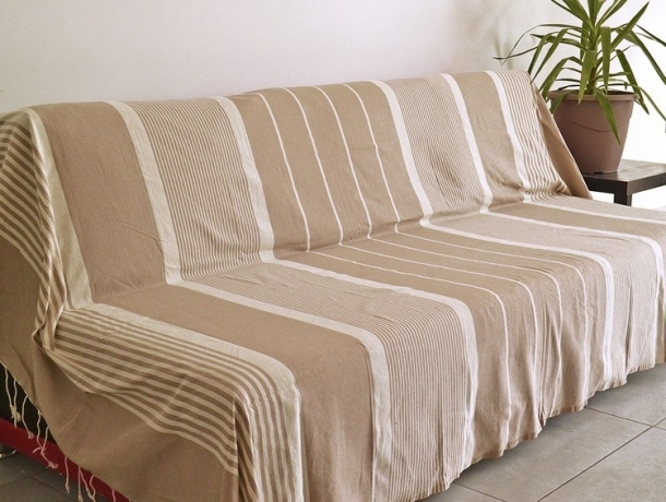 Maxi Fouta XL plate Taupe rayée Ivoire