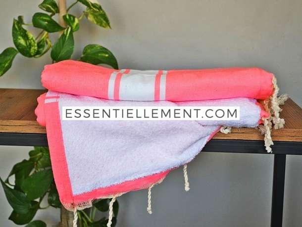 Fouta Rose Fluo Doublée Eponge Blanche - Plate
